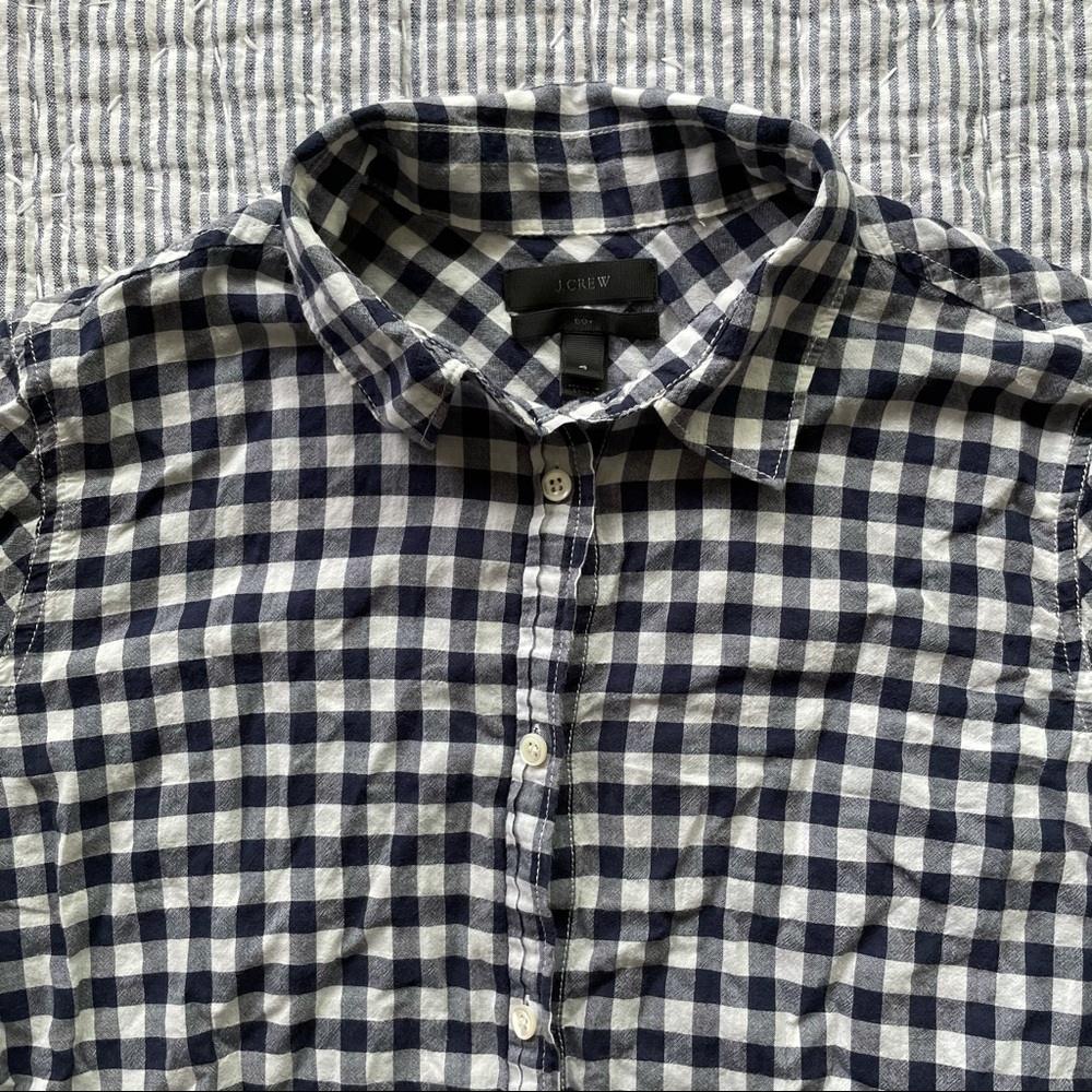 J. Crew navy and white gingham boy shirt